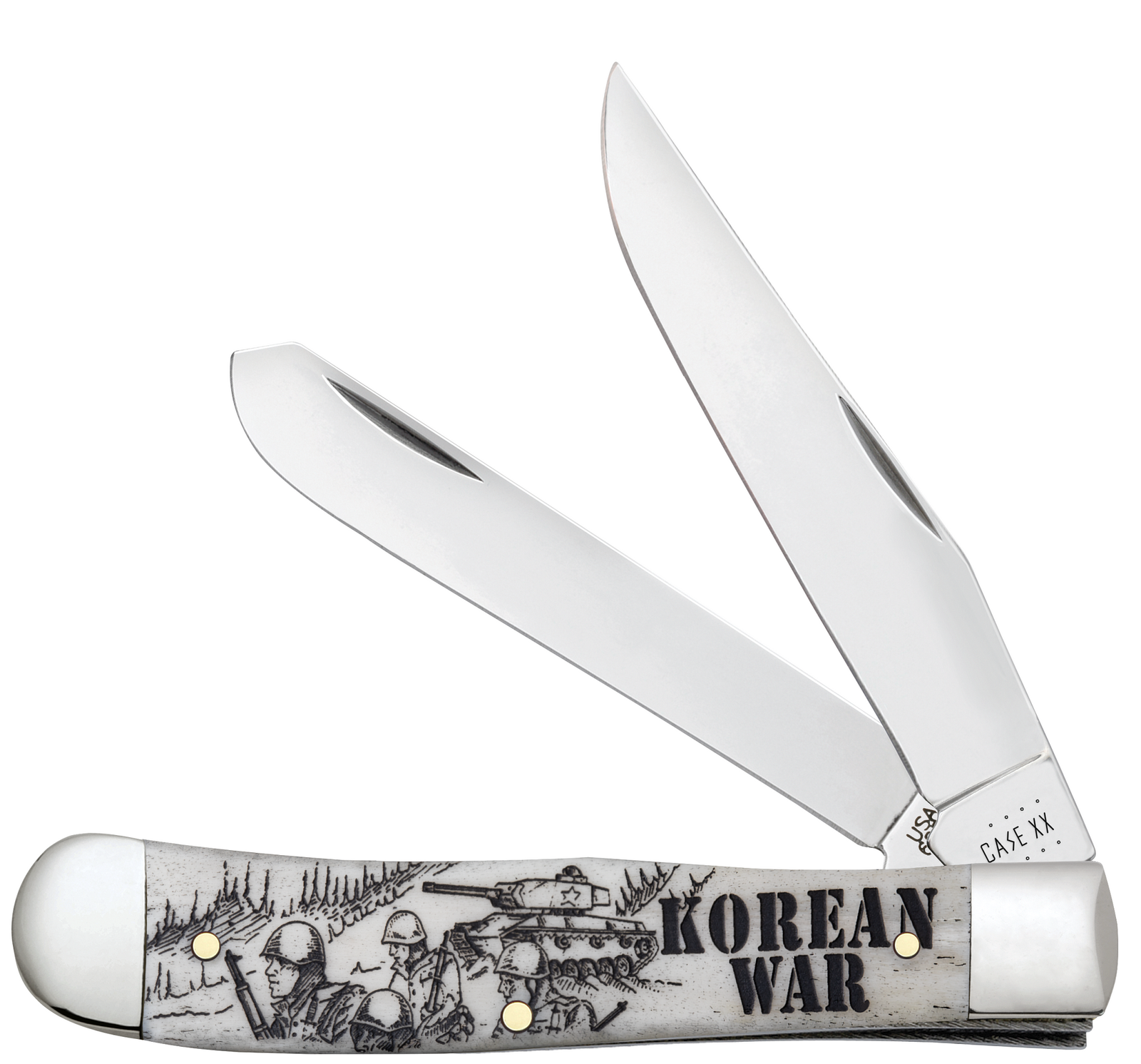 Case War Series Korean War Embellished Smooth Natural Bone (SS) Large Trapper Folder Knife #50951