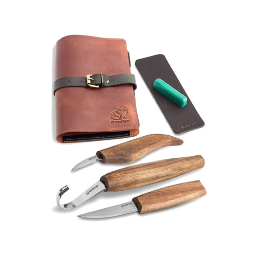 BeaverCraft S13X – Deluxe Spoon Carving Tool Set (3 Knives + Accessories in Leather Roll)