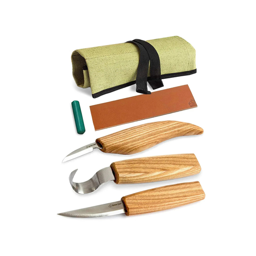 BeaverCraft S17 – Extended Spoon and Whittle Carving Tool Set (3 Knives + Accessories in Roll)