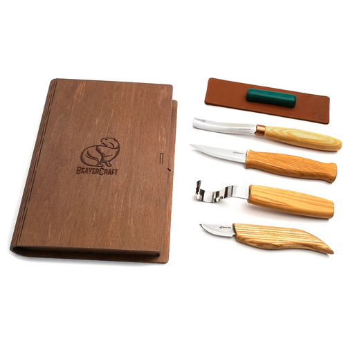 BeaverCraft S43 Book – Spoon and Kuksa Carving Professional Tool Set (4 Knives + Accessories in Wooden Book)